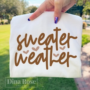 May include: A white sweatshirt with the words "sweater weather" in brown script, accented with small heart shapes. The Dina Rose Designs logo is at the bottom.