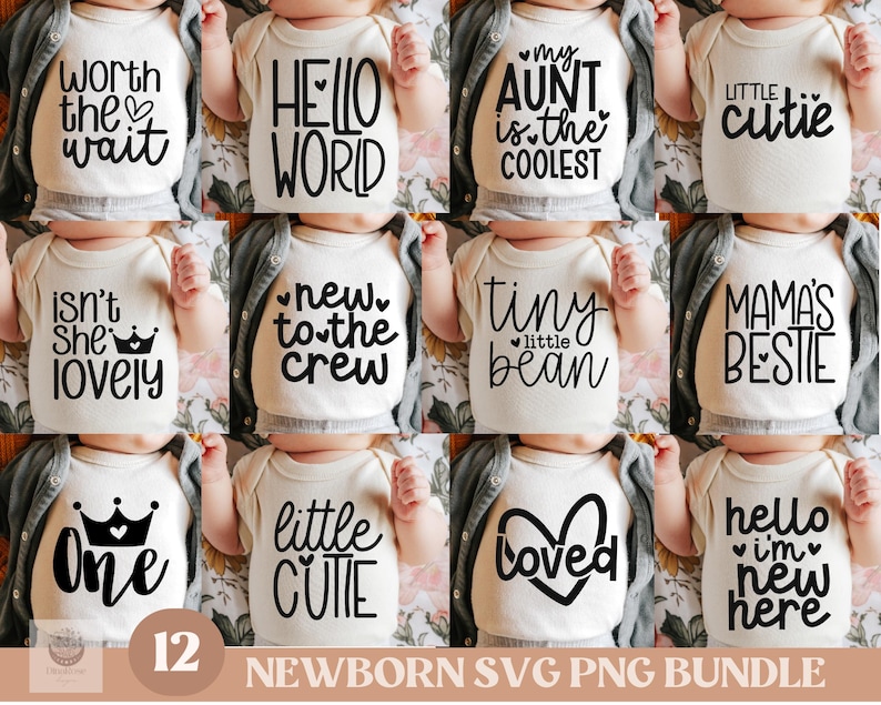 May include: A set of 12 newborn baby onesie designs featuring various phrases and graphics. The designs include "Worth the wait", "Hello World", "Isn't she lovely", "New to the crew", "My aunt is the coolest", "Little cutie", "Tiny bean", "Mama's bestie", "One", "Little cutie", "Loved", and "Hello I'm new here".