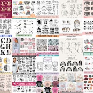 May include: A collage of digital design files for crafting projects. The designs include alphabet letters, summer, Halloween, inspirational quotes, leopard print, rainbow, back to school, father's day, Valentine's Day, and more. The designs are in black, white, and various colors.