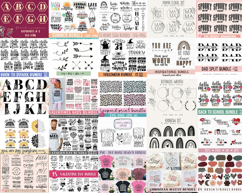 May include: A collage of digital design files for crafting projects. The designs include alphabet letters, summer, Halloween, inspirational quotes, leopard print, rainbow, back to school, father's day, Valentine's Day, and more. The designs are in black, white, and various colors.