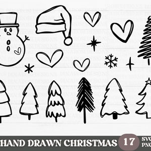 May include: A set of 17 hand-drawn Christmas illustrations in black and white. The illustrations include a snowman, a Santa hat, hearts, snowflakes, stars, a cross, and Christmas trees.