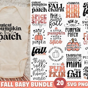 Op de afbeelding: Een set van 20 herfst-thema SVG en PNG bestanden voor knutselen. De ontwerpen bevatten schattige pompoen en herfst-thema zinnen zoals "schattigste pompoen in de patch", "mama's herfst charme", "mini pompoen", en "eerste herfst".