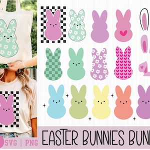 May include: A set of 12 Easter bunny SVG and PNG files. The bunnies are in various colors and patterns, including pink, green, blue, yellow, and purple. They are all in a cute, cartoon style. The text "Easter Bunnies Bundle" is at the bottom of the image.
