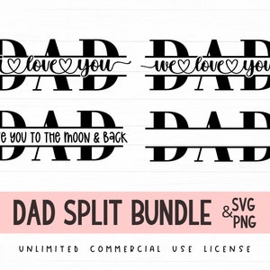 Puede incluir: Una descarga digital de cuatro archivos SVG y PNG diferentes para un diseño "DAD" dividido. Los diseños incluyen "Te amo", "Te amamos" y "Te amo hasta la luna y de regreso".