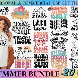 May include: A set of 20 summer-themed SVG and PNG digital files. The designs feature various summer-related phrases and illustrations, including "Beach Please", "Hello Summer", "Summer Vibes Only", "The Sun is Shining", "Here Comes the Sun", "Lake Bum", "Sunrise Sunburn", "Sunkissed Good Times", "Sunset Repeat", "Mama Needs Sun", "Thick Thighs & Summer Vibes", "The Waves are Calling & I Must Go", and "Beach Life".