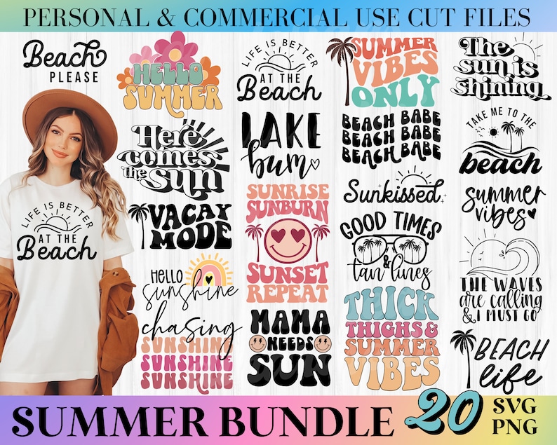 May include: A set of 20 summer-themed SVG and PNG digital files. The designs feature various summer-related phrases and illustrations, including "Beach Please", "Hello Summer", "Summer Vibes Only", "The Sun is Shining", "Here Comes the Sun", "Lake Bum", "Sunrise Sunburn", "Sunkissed Good Times", "Sunset Repeat", "Mama Needs Sun", "Thick Thighs & Summer Vibes", "The Waves are Calling & I Must Go", and "Beach Life".