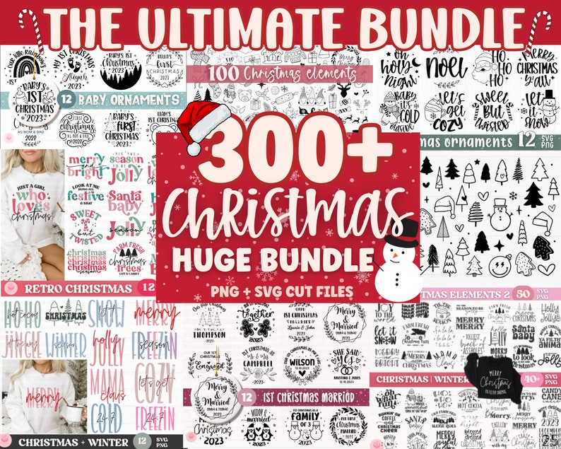 May include: A digital collage of Christmas-themed graphics, including ornaments, illustrations, and text. The text includes phrases like "Merry Christmas", "Ho Ho Ho", and "Let's Get Cozy". The graphics are in black and white, and the background is red with white snowflakes.