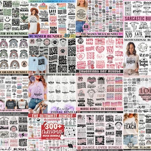 May include: A collage of digital design bundles for crafting and creating. The bundles include designs for teachers, plant lovers, dog moms, summer, Valentine's Day, motivational quotes, Christian quotes, zodiac signs, nurses, dance lovers, and more. The bundles are available in SVG format.