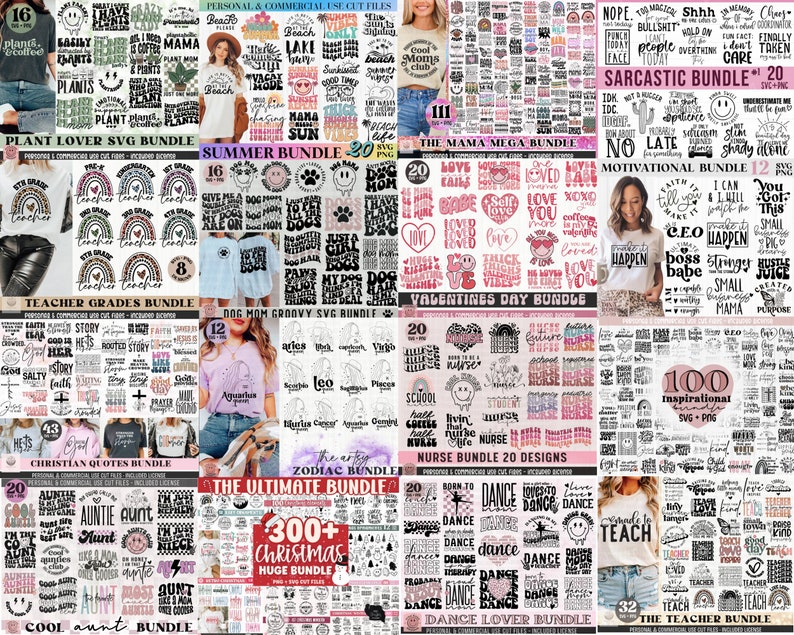 May include: A collage of digital design bundles for crafting and creating. The bundles include designs for teachers, plant lovers, dog moms, summer, Valentine's Day, motivational quotes, Christian quotes, zodiac signs, nurses, dance lovers, and more. The bundles are available in SVG format.