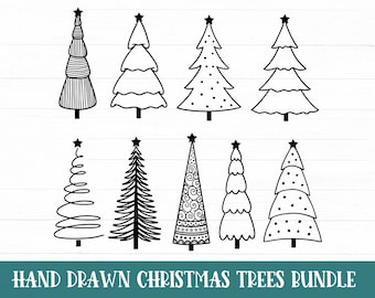 May include: A set of eight hand-drawn black and white Christmas tree illustrations. The trees are all different styles, including a spiral tree, a tree with a star on top, and a tree with ornaments. "HAND DRAWN CHRISTMAS TREES BUNDLE" is written in black text at the bottom of the image.