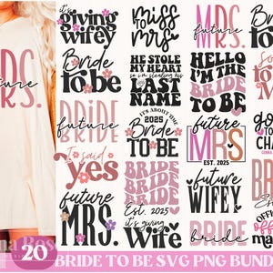 Puede incluir: Un conjunto de gráficos SVG y PNG con frases temáticas de boda en varias fuentes y colores. Los diseños incluyen frases como "Bride to Be", "Future Mrs." y "Officially Off the Market", perfectos para proyectos nupciales.