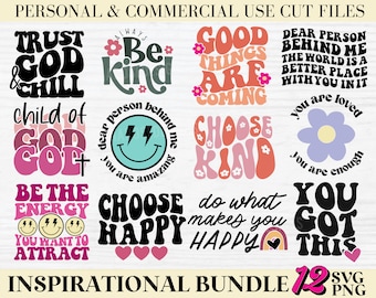 Inspirational Svg Bundle, Inspirational Quotes Svg Bundle, Motivational Svg Bundle, Retro Self Love Svg, Wavy Text Mental Health Cut File