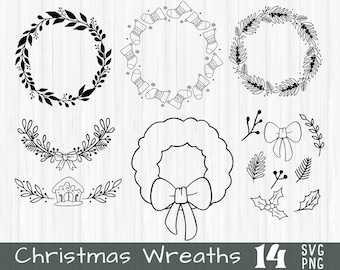 May include: A collection of black and white Christmas wreath designs. The image includes various wreath styles, such as wreaths with leaves, stockings, bows, and a gingerbread house. The text "Christmas Wreaths" is at the bottom.