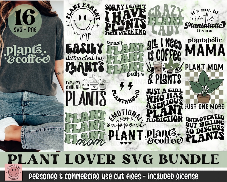 May include: A digital download bundle of 16 plant-themed SVG designs. The designs feature various phrases and illustrations related to plants and coffee, such as "Plant Parent", "Crazy Plant Lady", "Plantaholic", and "All I Need is Coffee & Plants".