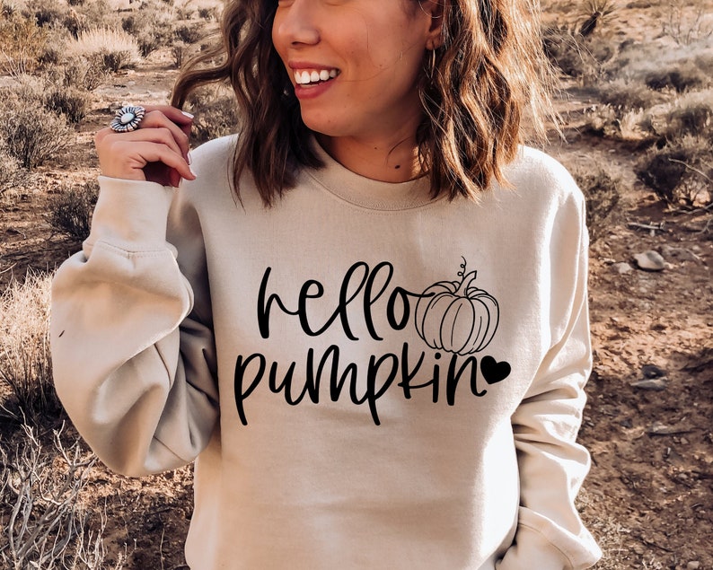 May include: A beige sweatshirt with the text "hello pumpkin" in black lettering and a small black heart. A stylized pumpkin with a stem and leaves is above the text.
