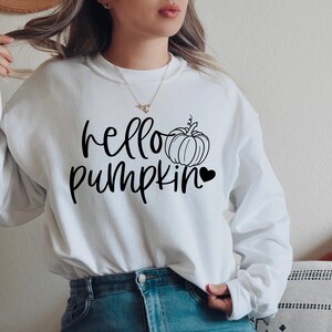 May include: White sweatshirt with the text "hello pumpkin" and a black outline of a pumpkin with a heart.