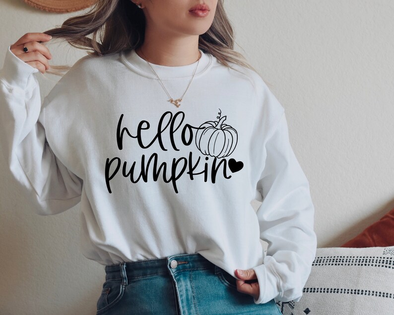 May include: White sweatshirt with the text "hello pumpkin" and a black outline of a pumpkin with a heart.