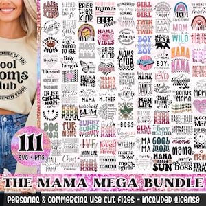 May include: A digital download of 111 SVG and PNG files featuring a variety of designs for moms. The designs include phrases like "Cool Moms Club", "Mama", "Mom Life", "Baseball Mom", and "Wife Boss Mama". The designs are in a variety of colors and styles, including pink, blue, green, and black.