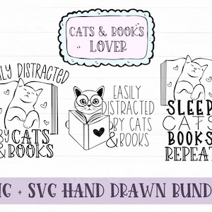 Easily Distracted By Cats And Books Svg, Cat Svg Bundle, Cat Lover Svg, Book Lover Svg, Cat Mom Svg, Funny Cat Quotes Svg Clipart Cut File