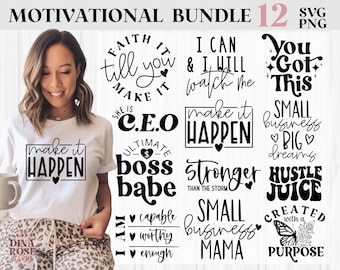 May include: A digital download of 12 motivational quotes in black text on a white background. The quotes include "Faith it till you make it", "She is CEO", "Ultimate boss babe", "I can & I will watch me", "Make it happen", "Stronger than the storm", "You got this", "Small business big dreams", "Hustle juice", "Small business mama", "I am capable worthy enough", "Created with a purpose".