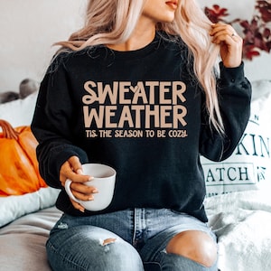 May include: Black sweatshirt with the text "SWEATER WEATHER" in a light brown color. The text "TIS THE SEASON TO BE COZY" is below the main text. The sweatshirt is a fall-themed item.