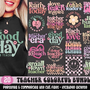 May include: A set of 20 colorful digital cut files for teachers. The designs feature various phrases and illustrations related to teaching, such as "It's a good day to teach", "In my teacher era", "Love teach inspire", "Teaching future leaders", "Teacher life is the best life", "Tiny human tamer", "Teach with love", "Weird teacher's build character", "First day of school", "I'm the cool teacher they told you about", "Just a small town teacher", "Early childhood educator", "Cool teachers club", and "Helping little minds grow".