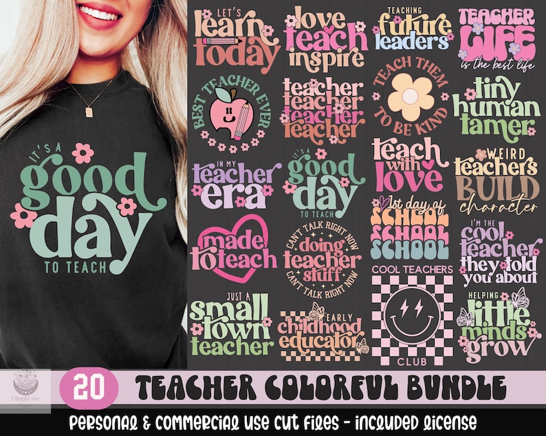 May include: A set of 20 colorful digital cut files for teachers. The designs feature various phrases and illustrations related to teaching, such as "It's a good day to teach", "In my teacher era", "Love teach inspire", "Teaching future leaders", "Teacher life is the best life", "Tiny human tamer", "Teach with love", "Weird teacher's build character", "First day of school", "I'm the cool teacher they told you about", "Just a small town teacher", "Early childhood educator", "Cool teachers club", and "Helping little minds grow".