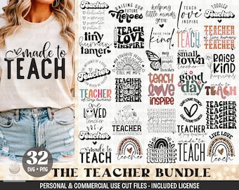 Könnte beinhalten: Ein Set mit 32 SVG- und PNG-Schnittdateien zum Thema Lehrer. Die Designs zeigen verschiedene Sprüche und Illustrationen rund ums Unterrichten, wie z. B. "Made to Teach", "Teacher of Tiny Humans", "Raise Kind Humans" und "Teach Love Inspire".