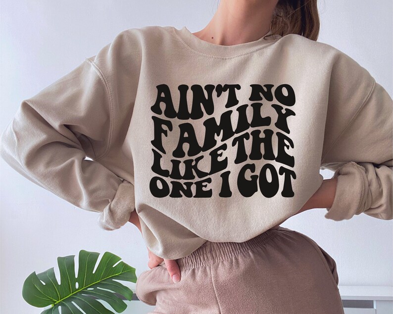 Pu&ograve; includere: Una felpa beige con il testo "Ain't no family like the one I got" in lettere nere in stile retr&ograve;.