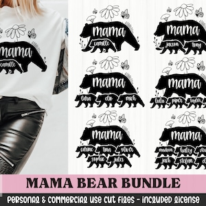 May include: A digital download of six black and white mama bear silhouette designs with the word "mama" and the names of children in a floral setting. The designs are for personal and commercial use.