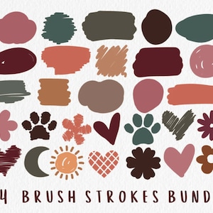 May include: A set of 84 brush stroke graphics in various colors and shapes, including hearts, stars, paw prints, moons, and sun. The graphics are perfect for adding a hand-drawn touch to digital designs.