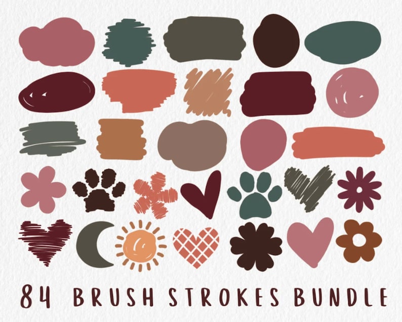 May include: A set of 84 brush stroke graphics in various colors and shapes, including hearts, stars, paw prints, moons, and sun. The graphics are perfect for adding a hand-drawn touch to digital designs.
