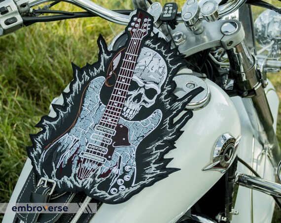 Parche grande de calavera de guitarra de rock Accesorio de chaqueta de motorista Tema de esqueleto de guitarrista Parche trasero de hierro bordado 2 tamanos Etsy Mexico