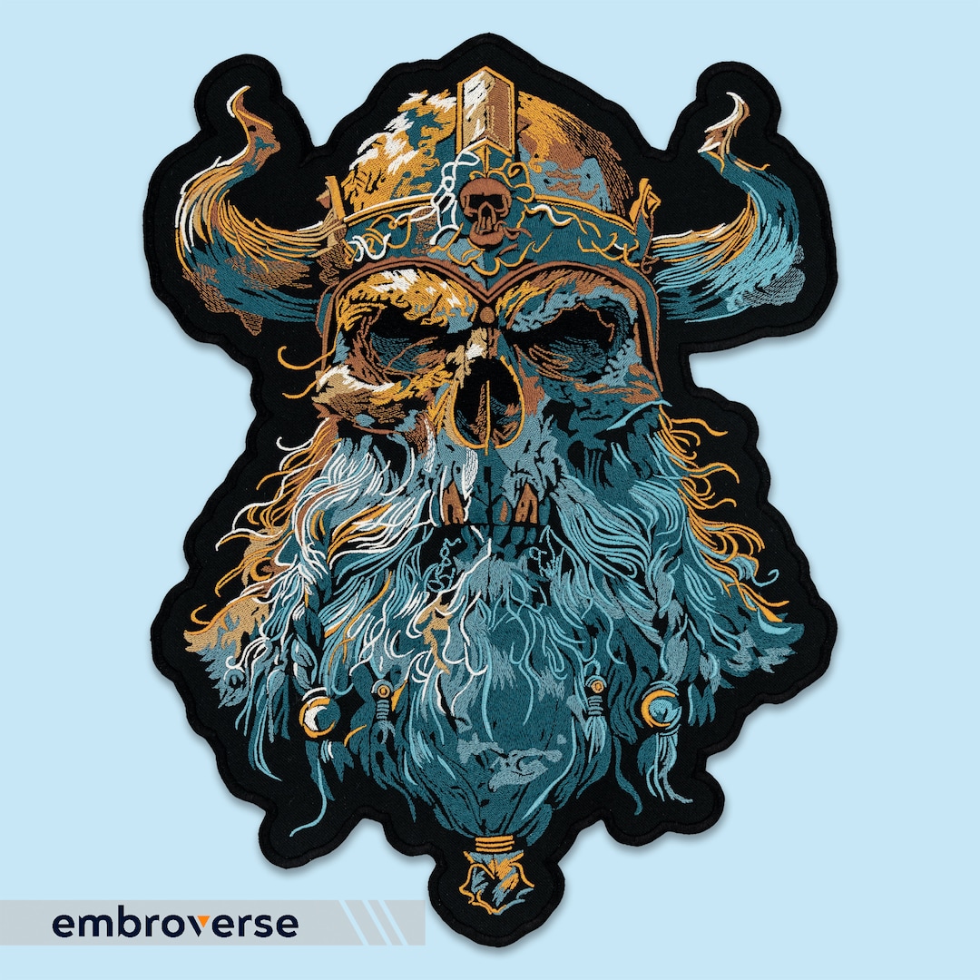Viking Skull Embroidered Back Patch - Large Iron-on Norse Warrior Patch ...