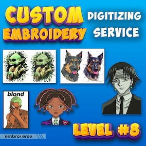 Può includere: Una collezione di disegni di ricamo personalizzati, tra cui una creatura verde, due pastori tedeschi, una ragazza dei cartoni animati, un rapper e un personaggio di un anime. I disegni sono tutti digitalizzati e pronti per essere ricamati. Il testo "Livello #8" è incluso anche nell'immagine.