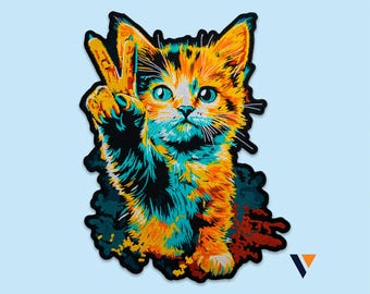 Peace Cat Patch - Embroidered Iron On - Colorful Hippie Kitten for Jacket Backpack Kids Clothing DIY