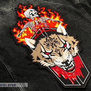 Hell Wolf Large Back Patch - Angry Wild Animal - Fire Skull Emblem - Embroidered Iron On - Size: 8.3 x 16.5 inches