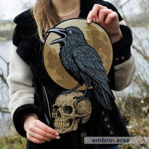 Patch bordado de corvo em caveira, aplique de ferro em costas góticas com lua cheia para jaquetas jeans, coletes de motociclista, cosplay, 10 x 15,4 polegadas