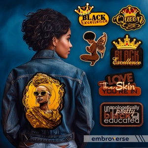 Black Woman Excellence 7-Piece Embroidered Patches Set - Black Girl Magic, Empowering Iron-On Denim Jacket Accessory