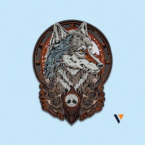Puede incluir: Un parche bordado que muestra una cabeza de lobo detallada en tonos gris, blanco y marrón, sobre un fondo circular con estrellas. Debajo del lobo hay rosas oscuras y un símbolo central de árbol de la vida, todo en un borde decorativo.