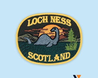 Loch Ness Scotland Patch, Nessie Landscape Cryptid Badge, Embroidered Iron-On, Size: 3 x 2.4 inches