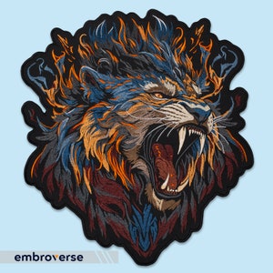 Fierce Flaming Tiger Large Back Patch - Fantasy Predator Face - Embroidered Biker Jacket Emblem - Iron-On Denim Accessory