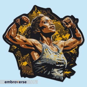 May include: Embroidered patch featuring a woman with a determined expression, flexing her biceps, wearing a tank top and surrounded by a yellow and black background.