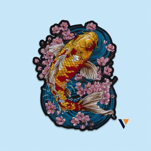 Toppa termoadesiva ricamata con pesci koi e fiori di ciliegio - Grande tatuaggio giapponese con carpa sakura