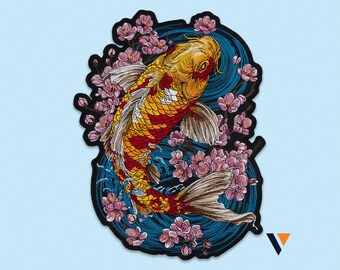 Koi Fish Cherry Blossom Embroidered Iron On Back Patch - Large Japanese Sakura Carp Tattoo