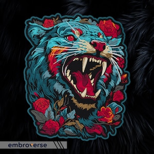 May include: An embroidered patch featuring a blue and red tiger with a floral design around its head.