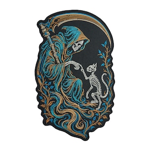 Skeleton Cat Back Patch - Grim Reaper Embroidered Iron On - Large Gothic Dark Humor Gift