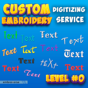 Könnte beinhalten: Ein blauer Hintergrund mit dem Text "CUSTOM DIGITIZING EMBROIDERY SERVICE" in gelben und violetten Buchstaben. Unter dem Text befinden sich verschiedene Beispiele für Text in verschiedenen Schriftarten und Farben, darunter "Text" in Grün, Türkis, Grau, Weiß, Gelb, Rosa, Schwarz, Rot und Hellrosa. Der Text "LEVEL #O" ist in gelben und violetten Buchstaben.