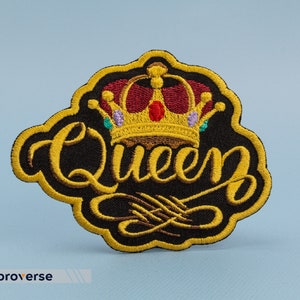 Queen Patch - Embroidered Gold Crown - Iron On Cool Patches - Size: 4.1 x 3.1 inches