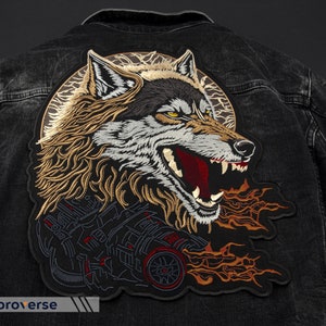 Fire Wolf Large Back Patch – Angry Wild Animal Head – Fierce Flames – Embroidered Iron On, 3 sizes